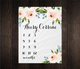 Baby Girl Milestone Blanket Month Growth Tracker Minky Fleece Custom Personalized Shower Gift Watercolor Floral Newborn - thumbnail 1