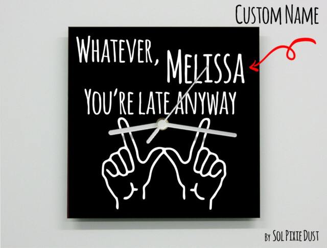 Custom Name Whatever, You're Late Anyway Hand Symbol/Square Black - Wall Clock - image 1