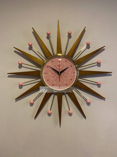 Handmade Mid Century Starburst Clock Pink Face, Teak Rays, 21 Inch - image 1