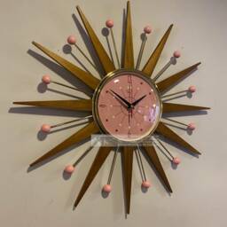 Handmade Mid Century Starburst Clock Pink Face, Teak Rays, 21 Inch - thumbnail 2