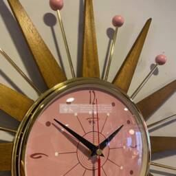 Handmade Mid Century Starburst Clock Pink Face, Teak Rays, 21 Inch - thumbnail 3