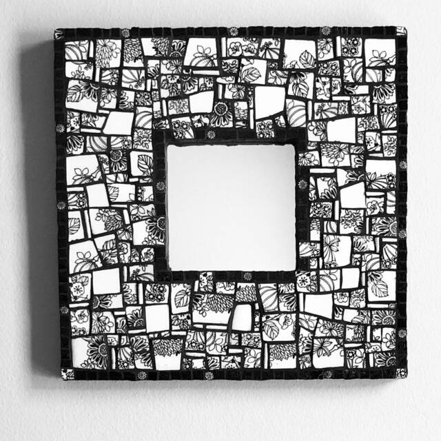 Black & White Picassiette Mosaic Mirror - Broken China Wall Art Handmade Recycled Ceramic Decor - image 1