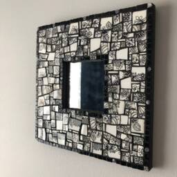 Black & White Picassiette Mosaic Mirror - Broken China Wall Art Handmade Recycled Ceramic Decor - thumbnail 3