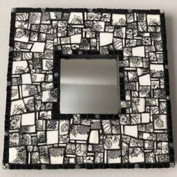 Black & White Picassiette Mosaic Mirror - Broken China Wall Art Handmade Recycled Ceramic Decor - thumbnail 2