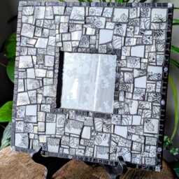 Black & White Picassiette Mosaic Mirror - Broken China Wall Art Handmade Recycled Ceramic Decor - thumbnail 4