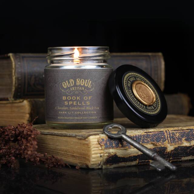 Book Of Spells Soy Candle - Chocolate Sandalwood Black Tea Scented Vegan Dark Academia Library Decor, Gothic Witchcraft Ritual Gift - image 1
