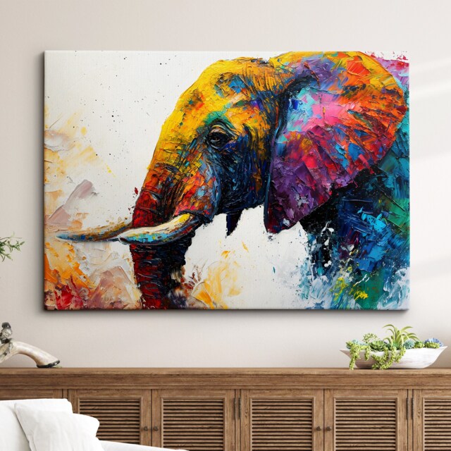 Elephant Animal Abstract Oil Painting Colourful Paint Splatter Style Wall Art Framed Canvas Poster Print, Home/Office Room Decor Gifts - image 1