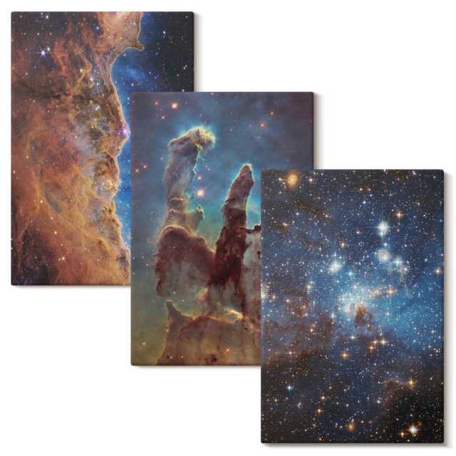 Canvas Wall Art Set Of 3 - Space Landscapes With Galaxies & Nebulae, Blue Canvas, Astrology Hanging Piece - image 1