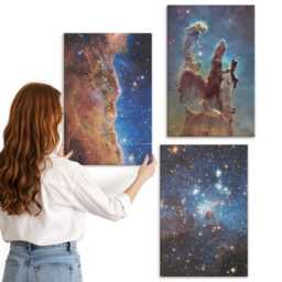 Canvas Wall Art Set Of 3 - Space Landscapes With Galaxies & Nebulae, Blue Canvas, Astrology Hanging Piece - thumbnail 2