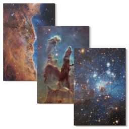 Canvas Wall Art Set Of 3 - Space Landscapes With Galaxies & Nebulae, Blue Canvas, Astrology Hanging Piece - thumbnail 1