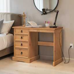 Solid Pine 4-Drawer Dressing Table Desk Rustic Wooden Vanity Computer Desk - thumbnail 2