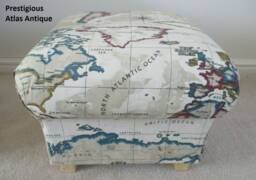 World Map Fabric Footstool Antique Cream Or Azure Blue Globe Pouffe Hassock
