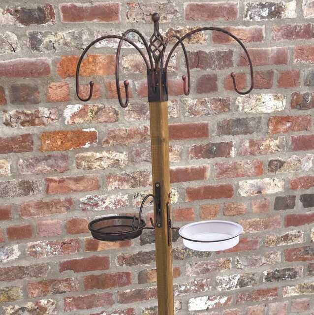 Wooden Wild Bird Station With Metal Hooks & Water Feeder Mesh Dishes - image 1