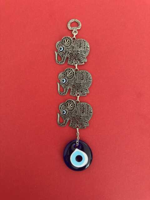 Triple Elephant Evil Eye Wall Hanging, Filigree Good Luck Charm, Turkish Nazar Bead, Protection Amulet, Boho Home Decor, New Gift - image 1