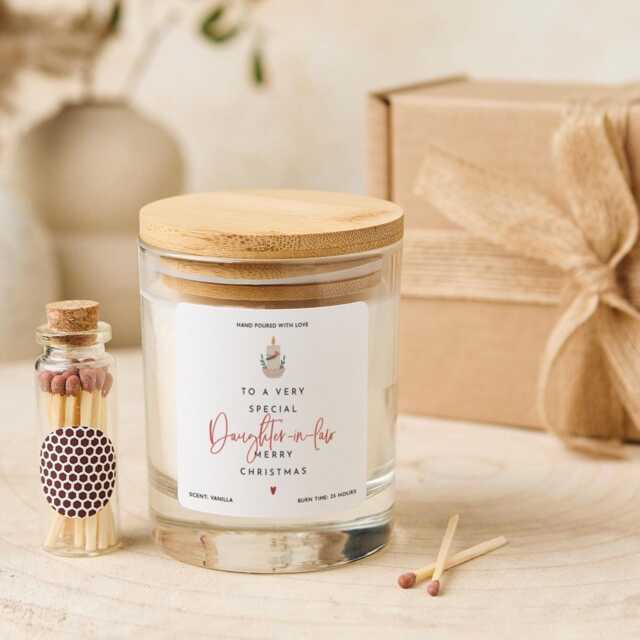 Christmas Gift For Daughter in Law Vegan Soy Wax Candle With Bamboo Lid Free Package Mini Matches Jar - image 1