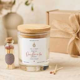 Christmas Gift For Daughter in Law Vegan Soy Wax Candle With Bamboo Lid Free Package Mini Matches Jar