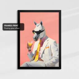 Horse in Suit Wearing Glasses Drinking Painting Framed Poster Print & Canvas Wall Decor Art Bedroom Home Interior Animal Lover Gift - thumbnail 2