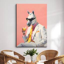 Horse in Suit Wearing Glasses Drinking Painting Framed Poster Print & Canvas Wall Decor Art Bedroom Home Interior Animal Lover Gift - thumbnail 1