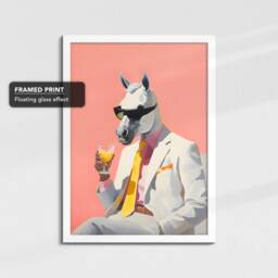 Horse in Suit Wearing Glasses Drinking Painting Framed Poster Print & Canvas Wall Decor Art Bedroom Home Interior Animal Lover Gift - thumbnail 3