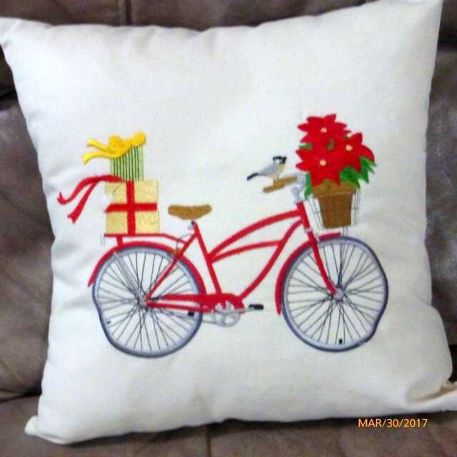 Embroidered Christmas Bike Pillow Cover Poinsettia Basket, Holiday Decor - image 1