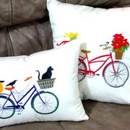 Embroidered Christmas Bike Pillow Cover Poinsettia Basket, Holiday Decor - thumbnail 2