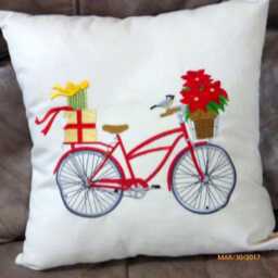 Embroidered Christmas Bike Pillow Cover Poinsettia Basket, Holiday Decor - thumbnail 1
