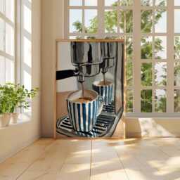 Coffee Wall Art - Espresso Machine Painting Barista Kitchen Decor Modern Cafe Poster Striped Mug Print - thumbnail 3