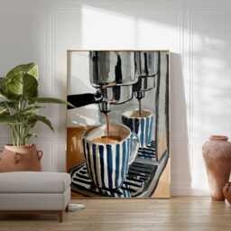 Coffee Wall Art - Espresso Machine Painting Barista Kitchen Decor Modern Cafe Poster Striped Mug Print - thumbnail 2