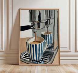 Coffee Wall Art - Espresso Machine Painting Barista Kitchen Decor Modern Cafe Poster Striped Mug Print - thumbnail 1