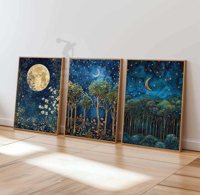 William Morris Set Of 3 Posters, Gold Decor, Print, Moon Poster, Night Sky Art, Botanical Floral Bedroom Art - image 1
