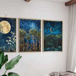 William Morris Set Of 3 Posters, Gold Decor, Print, Moon Poster, Night Sky Art, Botanical Floral Bedroom Art - thumbnail 2