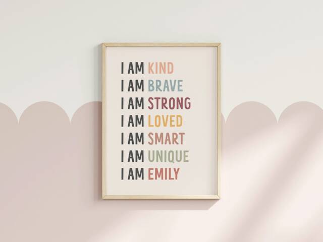 Personalised Affirmations Nursery Print - Rainbow I Am Kind Brave Loved Posters Girl Babyroom Playroom Art Boho Neutral Decor Unframed - image 1
