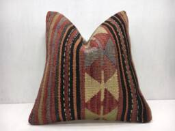 Vintage Kilim Pillow Cover, Bohemian Handwoven Throw - 16x16 - thumbnail 1