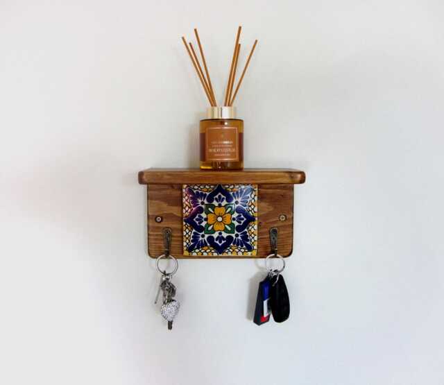 Mexican Tile Key Holder With Shelf Reclaimed Wood , Handmade Antique Bronze Hooks Hooks - image 1