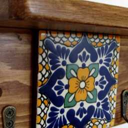 Mexican Tile Key Holder With Shelf Reclaimed Wood , Handmade Antique Bronze Hooks Hooks - thumbnail 4