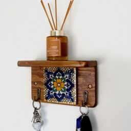 Mexican Tile Key Holder With Shelf Reclaimed Wood , Handmade Antique Bronze Hooks Hooks - thumbnail 3