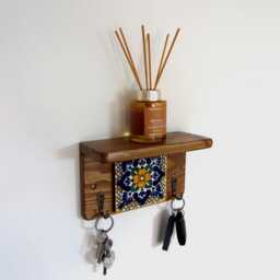 Mexican Tile Key Holder With Shelf Reclaimed Wood , Handmade Antique Bronze Hooks Hooks - thumbnail 2