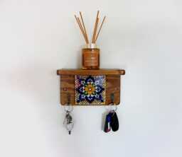 Mexican Tile Key Holder With Shelf Reclaimed Wood , Handmade Antique Bronze Hooks Hooks