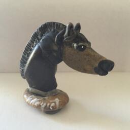 One Of A Kind Miniature Sculpture Horse Head Hand Crafted From Natural River Stones, Painted, Signed By Colombian Born Artist G. Negret