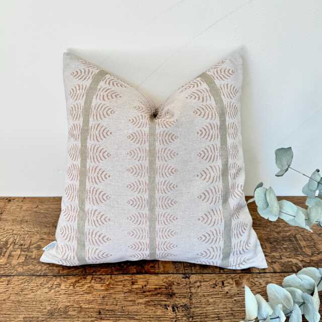 1657. Conifer Stripe Green/Blush Block Print Linen Look 100% Cotton Cushion Cover - image 1