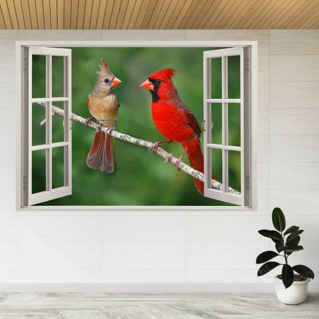 Birds Cardinals Parrots Branch 3D Window View Wall Sticker Poster Decal A863 - image 1