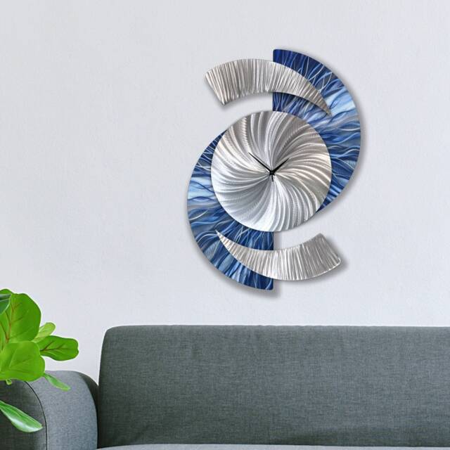 Navy Blue Metal Wall Clock Modern Silver Timepiece, Abstract Art Decor - image 1