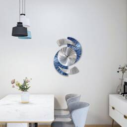 Navy Blue Metal Wall Clock Modern Silver Timepiece, Abstract Art Decor - thumbnail 3