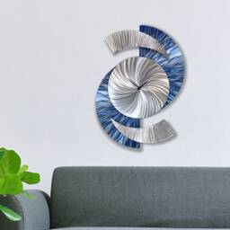 Navy Blue Metal Wall Clock Modern Silver Timepiece, Abstract Art Decor - thumbnail 1