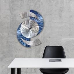 Navy Blue Metal Wall Clock Modern Silver Timepiece, Abstract Art Decor - thumbnail 4