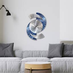 Navy Blue Metal Wall Clock Modern Silver Timepiece, Abstract Art Decor - thumbnail 2
