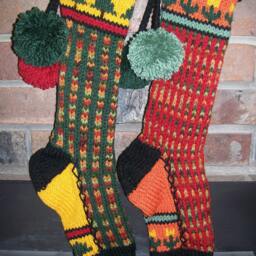 Hand Knit Christmas Stocking Fall Gold Green Red Fir Tree By Santa's Works - thumbnail 2