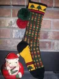 Hand Knit Christmas Stocking Fall Gold Green Red Fir Tree By Santa's Works