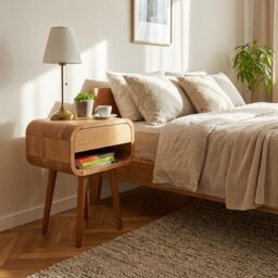 Pair Of Bedside Tables, Solid Oak Mid-Century Modern Side Table With Drawer, Handmade - thumbnail 3