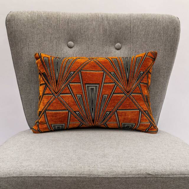 Art Deco Geometric Boudoir Cushion. Double Sided Luxury Velvet Chenille. Burnt Orange & Silver. Bold 20S 30S Style. 17x12 - image 1